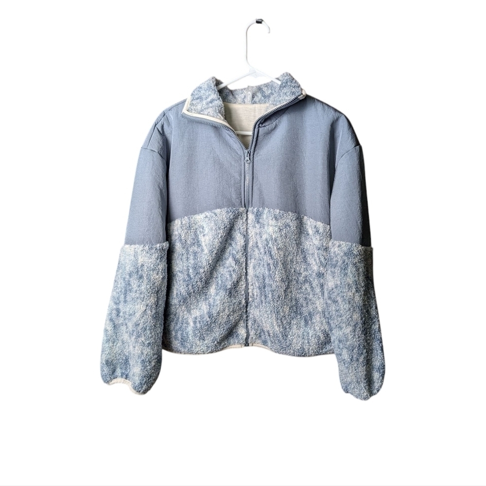 New Cozy Blue White Fleece Jacket Full Front Zipper Fast Dry Recycled Polyester - Picture 7 of 10